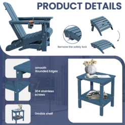 SERWALL 5PC Adjustable Folding Adirondack Chair and Ottoman and Double Side Table, HDPE Adirondack Chairs Set for Outdoor, Blue
