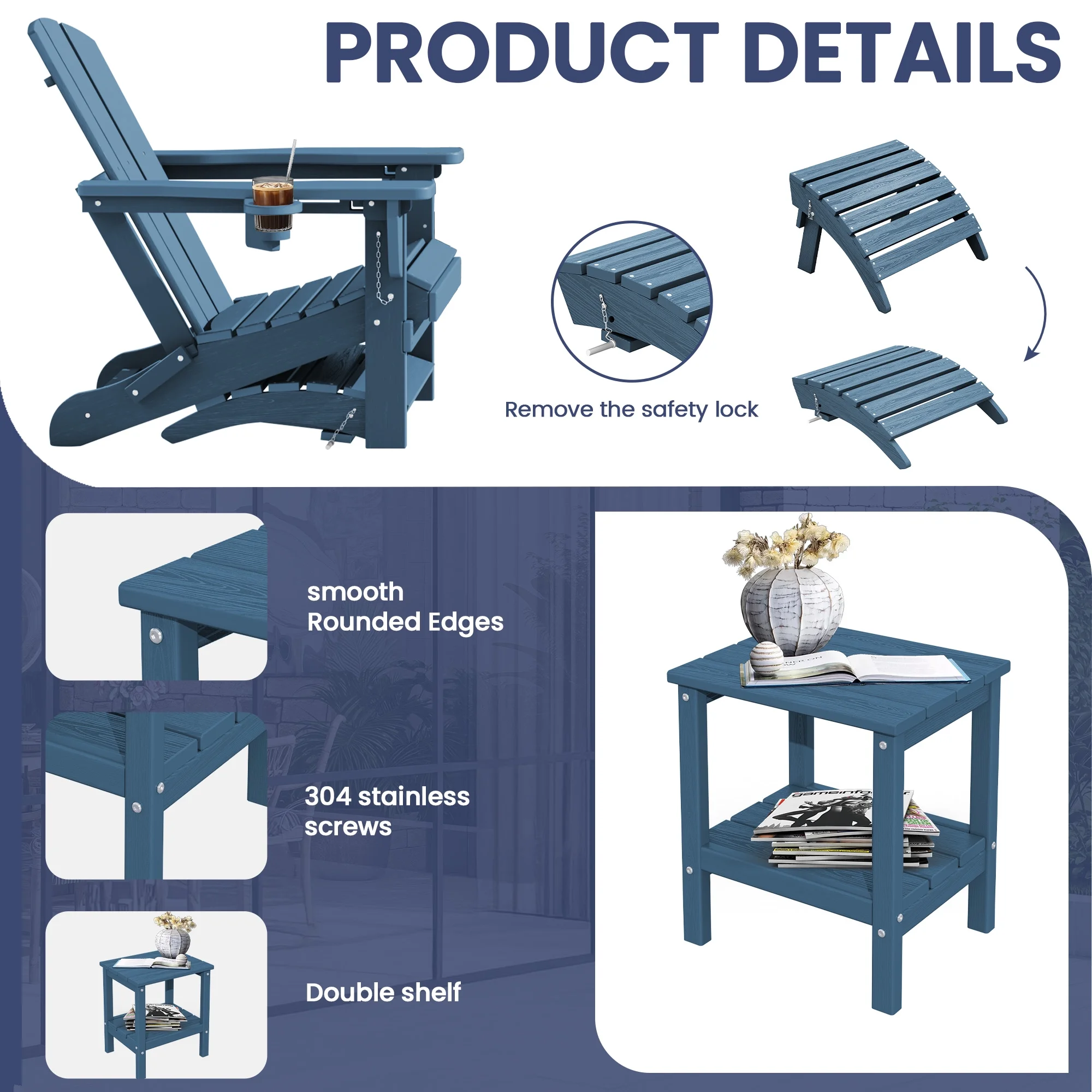 SERWALL 5PC Adjustable Folding Adirondack Chair and Ottoman and Double Side Table, HDPE Adirondack Chairs Set for Outdoor, Blue