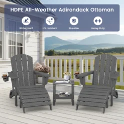 SERWALL 5PC Adjustable Folding Adirondack Chair and Ottoman and Double Side Table, HDPE Adirondack Chairs Set for Outdoor, Gray