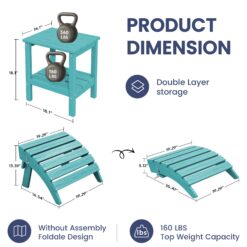 SERWALL 5PC Adjustable Folding Adirondack Chair and Ottoman and Double Side Table, HDPE Adirondack Chairs Set for Outdoor, Aruba