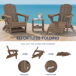 SERWALL 5PC Adjustable Folding Adirondack Chair and Ottoman and Double Side Table, HDPE Adirondack Chairs Set for Outdoor, Brown