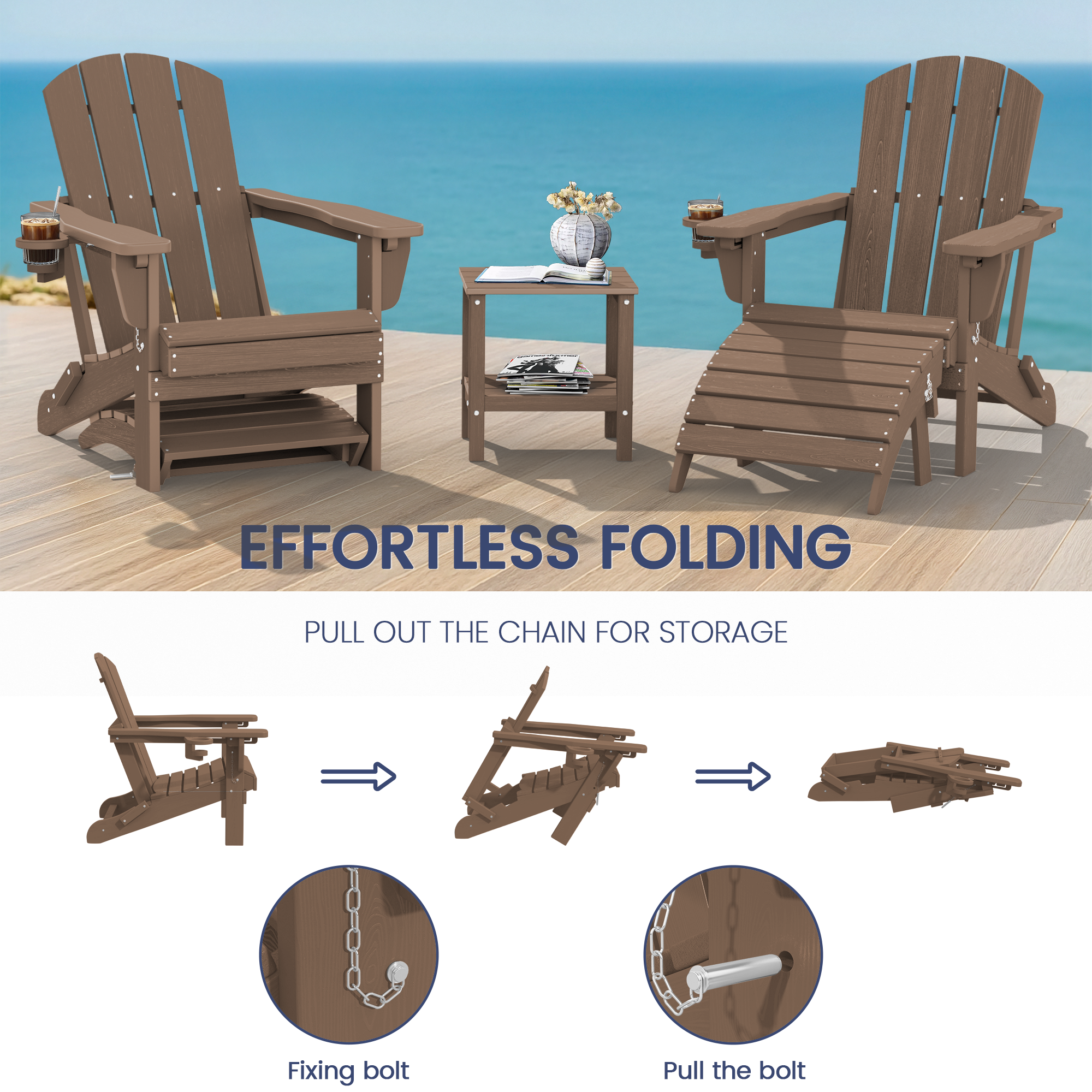 SERWALL 5PC Adjustable Folding Adirondack Chair and Ottoman and Double Side Table, HDPE Adirondack Chairs Set for Outdoor, Brown