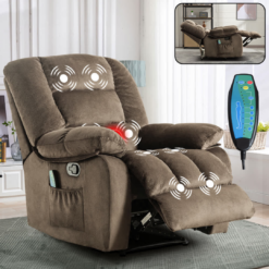 Bestier Overstuffed Fabric Recliner Chairs with 8-Point Vibration Massage Manual Pull Recliner with Time Setting Brown