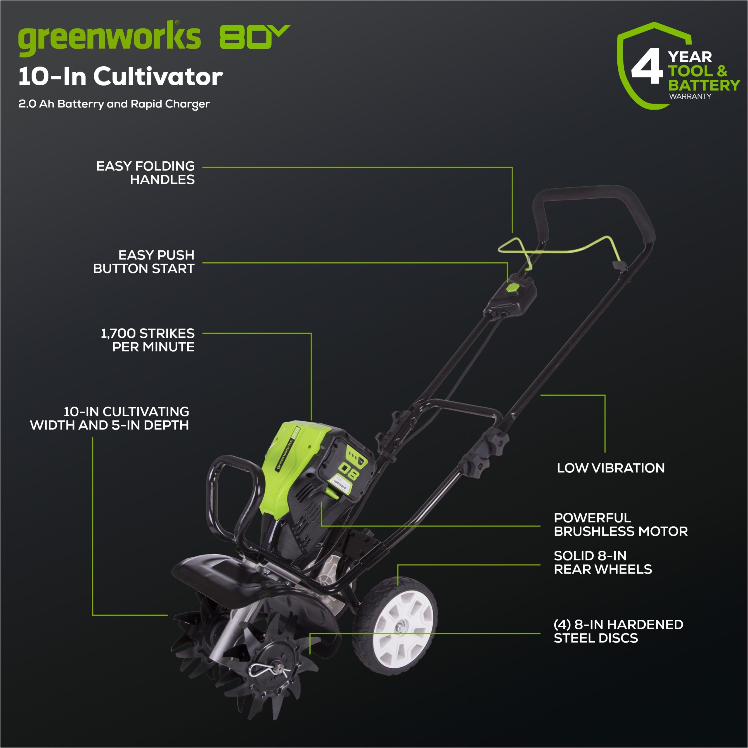 Greenworks 80-volt Lithium ion (Li-ion) Forward-rotating Cordless Electric Cultivator ( Battery and Charger Included )