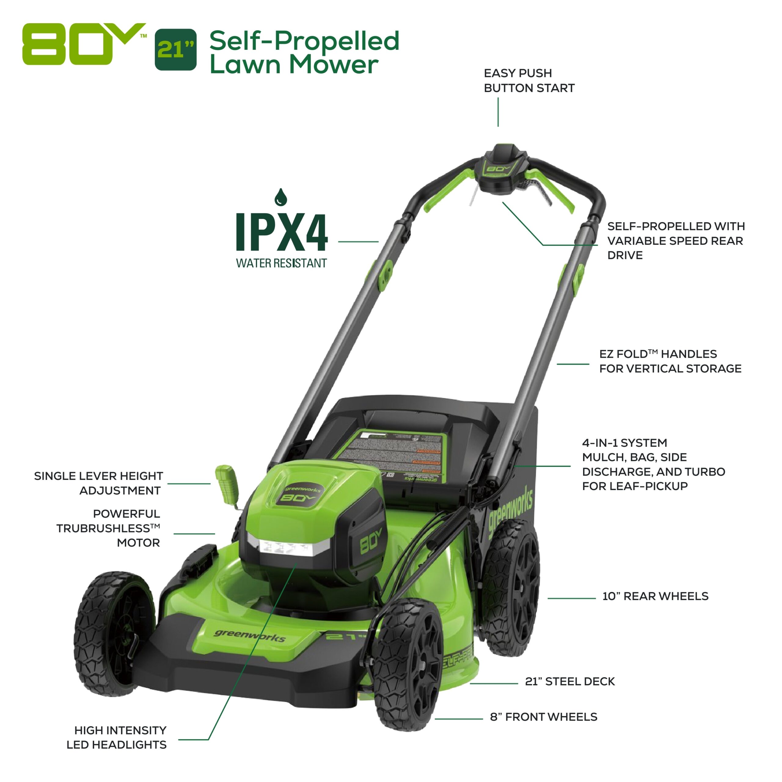 Greenworks 80-volt, 21-in Self Propelled Battery Walk Mower with (1) 4 Ah Battery & Charger Included