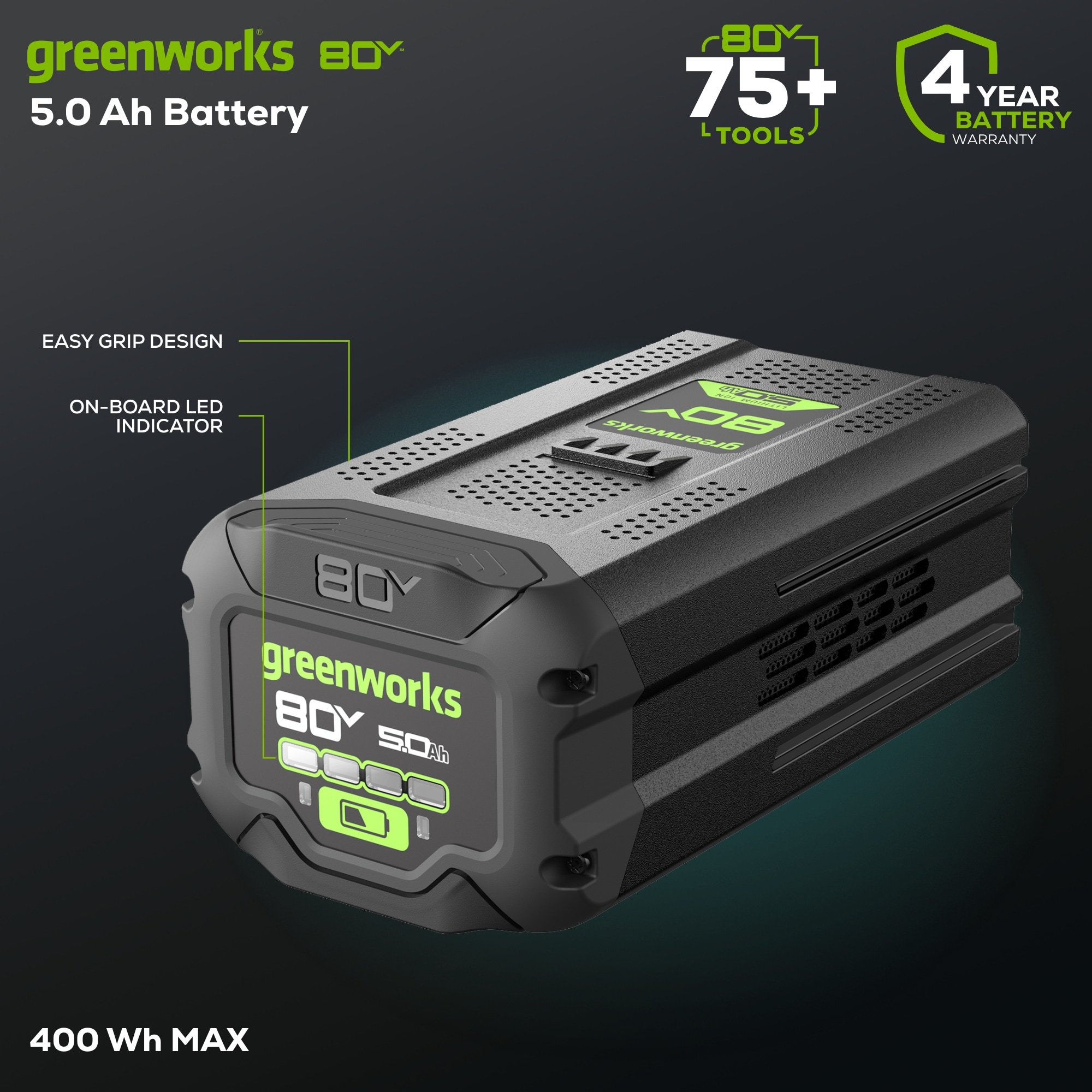 Greenworks 80 -Volt, 5 Ah 1 -Pack Lithium Ion (Li-ion) Battery
