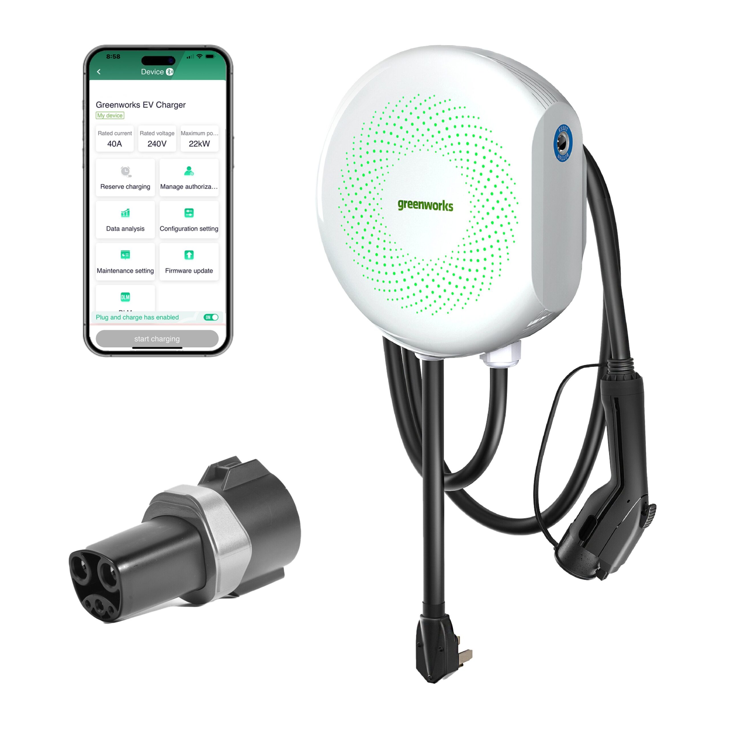 Greenworks Level 2 NEMA 14-50P Plug in EV Electric Vehicle Charging Station -up to 40-Amp / 240 -Volts with 20-ft Cable