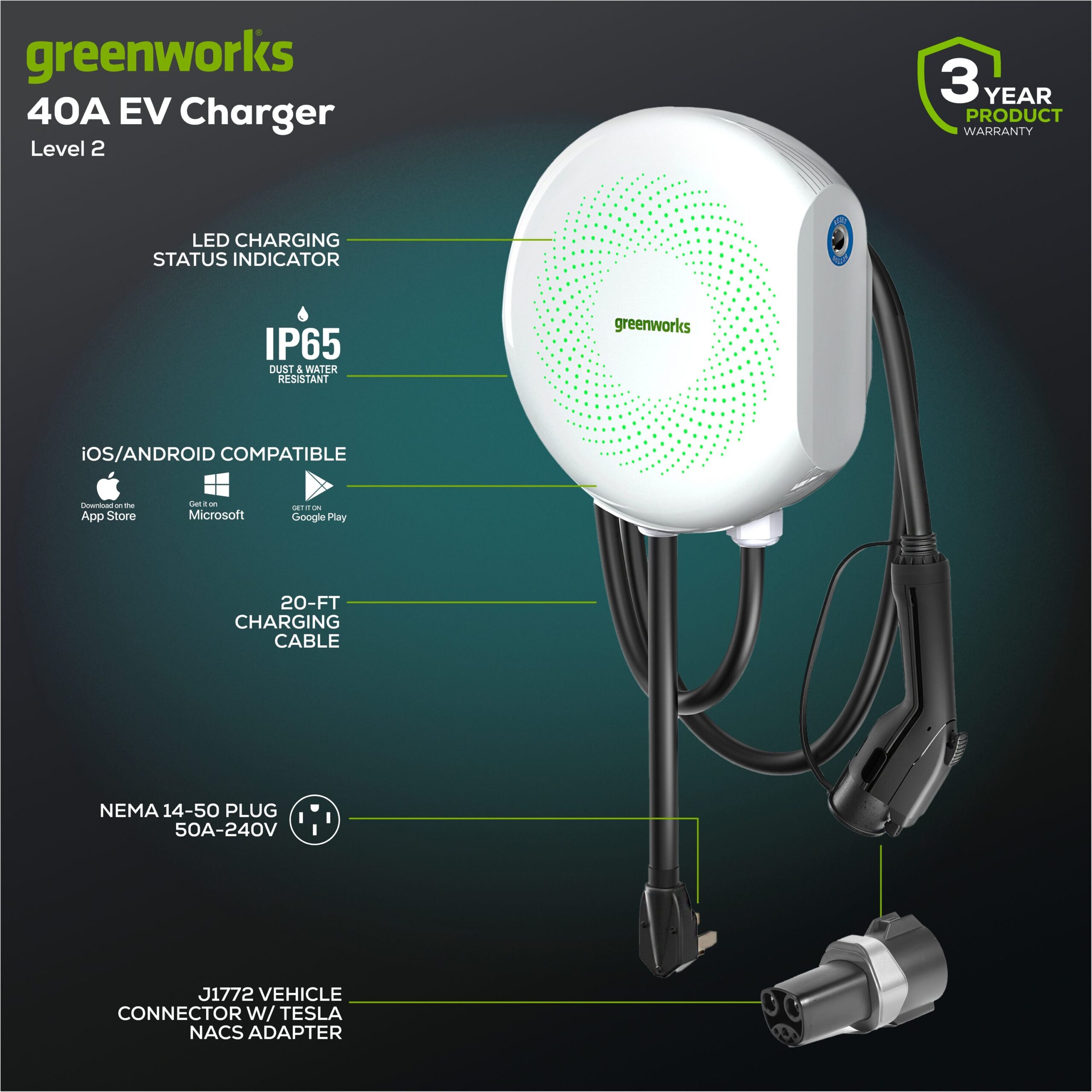 Greenworks Level 2 NEMA 14-50P Plug in EV Electric Vehicle Charging Station -up to 40-Amp / 240 -Volts with 20-ft Cable