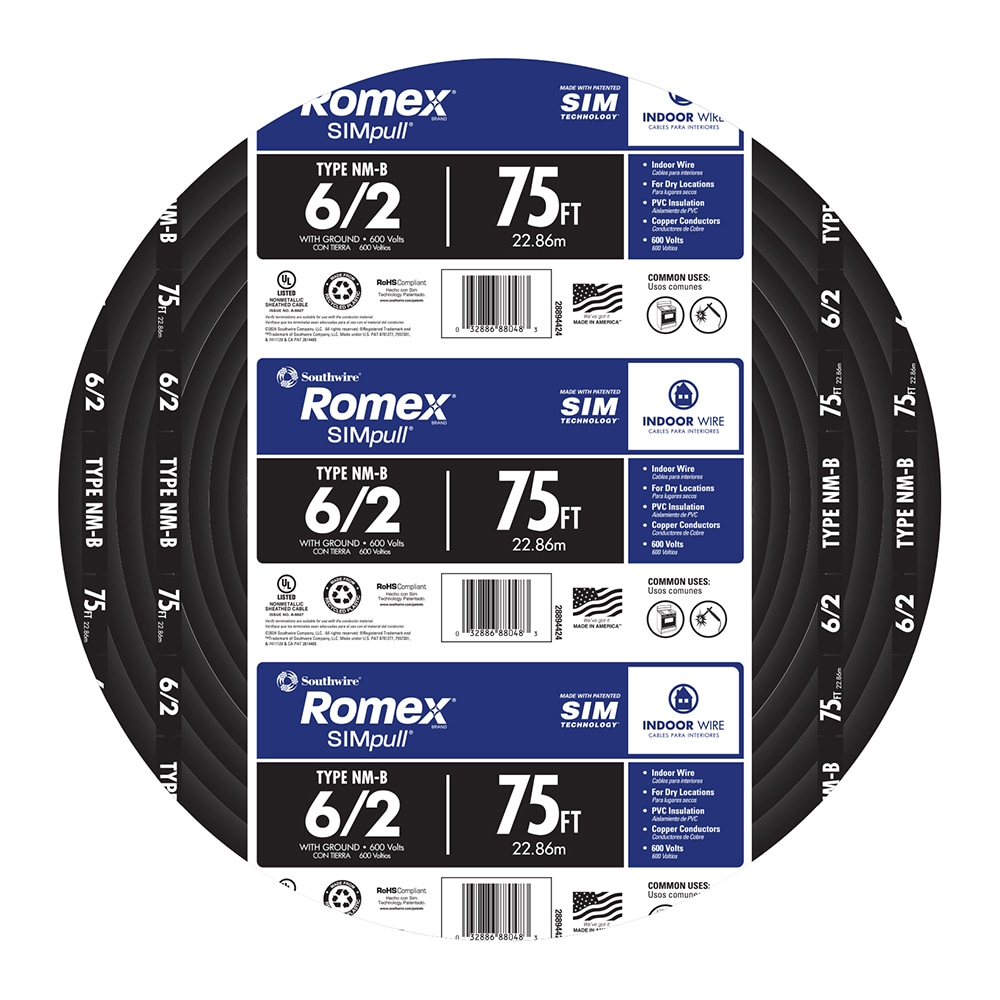Southwire 75-ft 6 / 2 / Romex SIMpull Stranded Indoor CU NM-B W/G Individual pack ( By-the-roll )