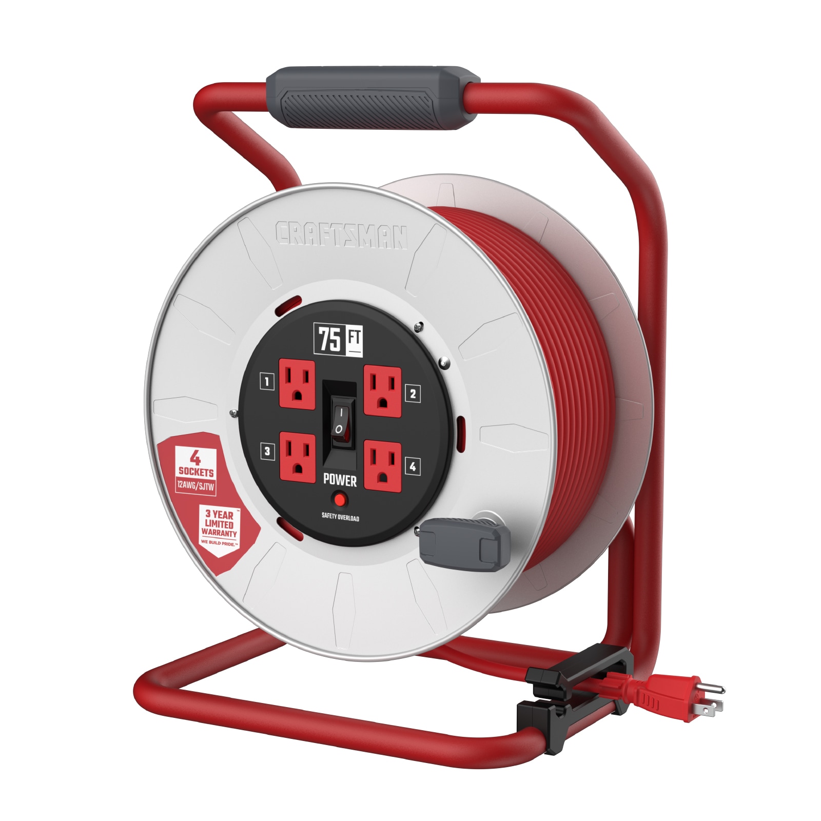 CRAFTSMAN Craftsman Contractor Grade Retractable Extension Cord, 75 Ft with 4 Outlets- 12AWG SJTW Cable- Outdoor Power Cord Reel