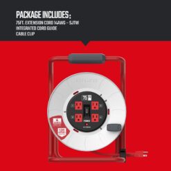 CRAFTSMAN Craftsman Contractor Grade Retractable Extension Cord, 75 Ft with 4 Outlets- 12AWG SJTW Cable- Outdoor Power Cord Reel