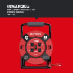 CRAFTSMAN Heavy Duty Retractable Extension Cord, 100 Ft with 4 Outlets- 14AWG SJTW Cable- Outdoor Power Cord Reel