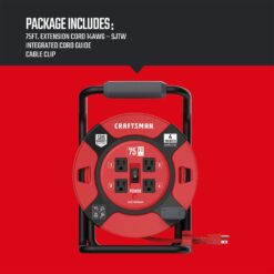 CRAFTSMAN Heavy Duty Retractable Extension Cord, 75 Ft with 4 Outlets- 14AWG SJTW Cable- Outdoor Power Cord Reel
