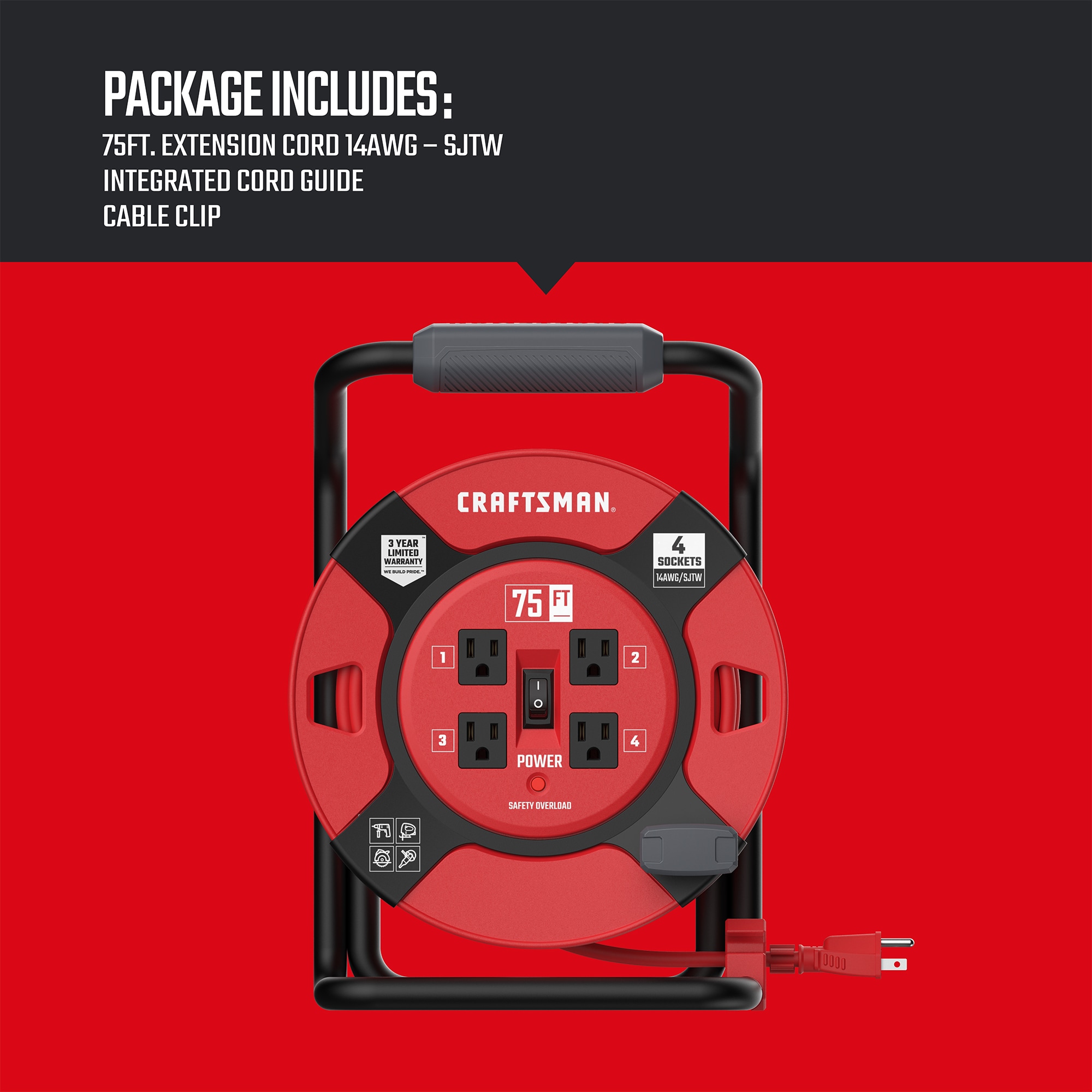 CRAFTSMAN Heavy Duty Retractable Extension Cord, 75 Ft with 4 Outlets- 14AWG SJTW Cable- Outdoor Power Cord Reel