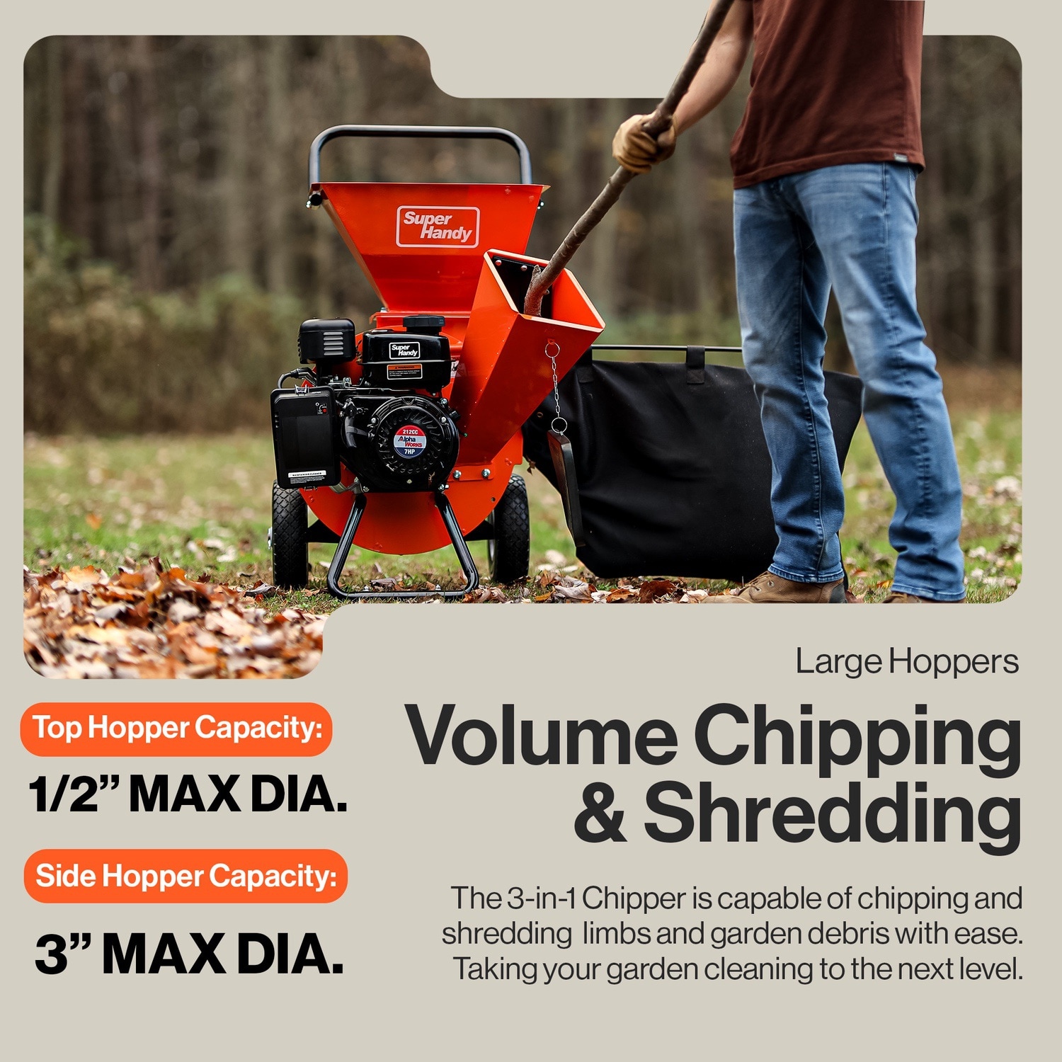 SuperHandy Manual 7 -HP OEM Gas Wood Chipper, 3-in Maximum Branch Diameter 2-Bushel Bag Included