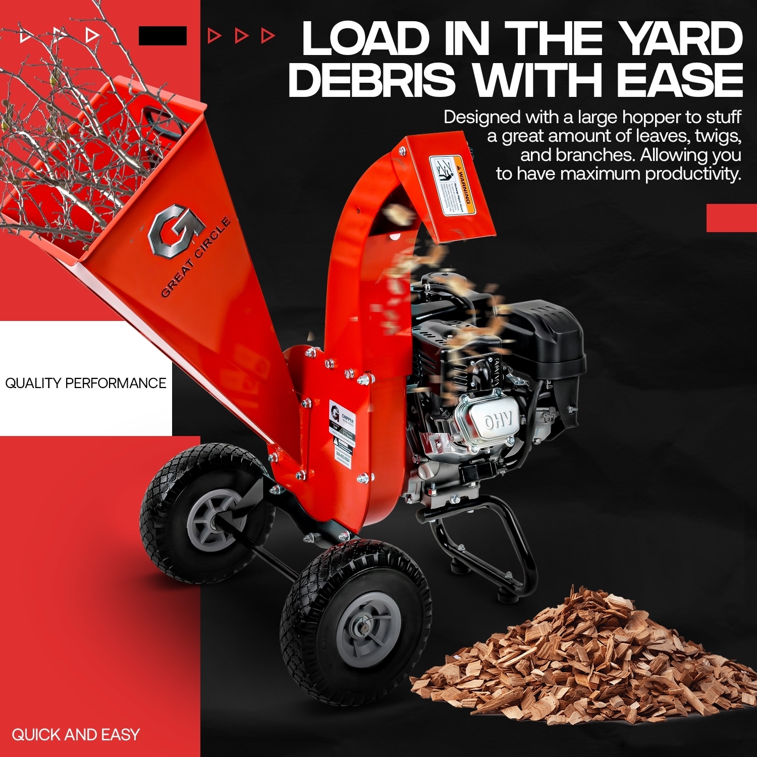 GreatCircleUSA Manual 7 -HP Gas Wood Chipper, 3-in Maximum Branch Diameter