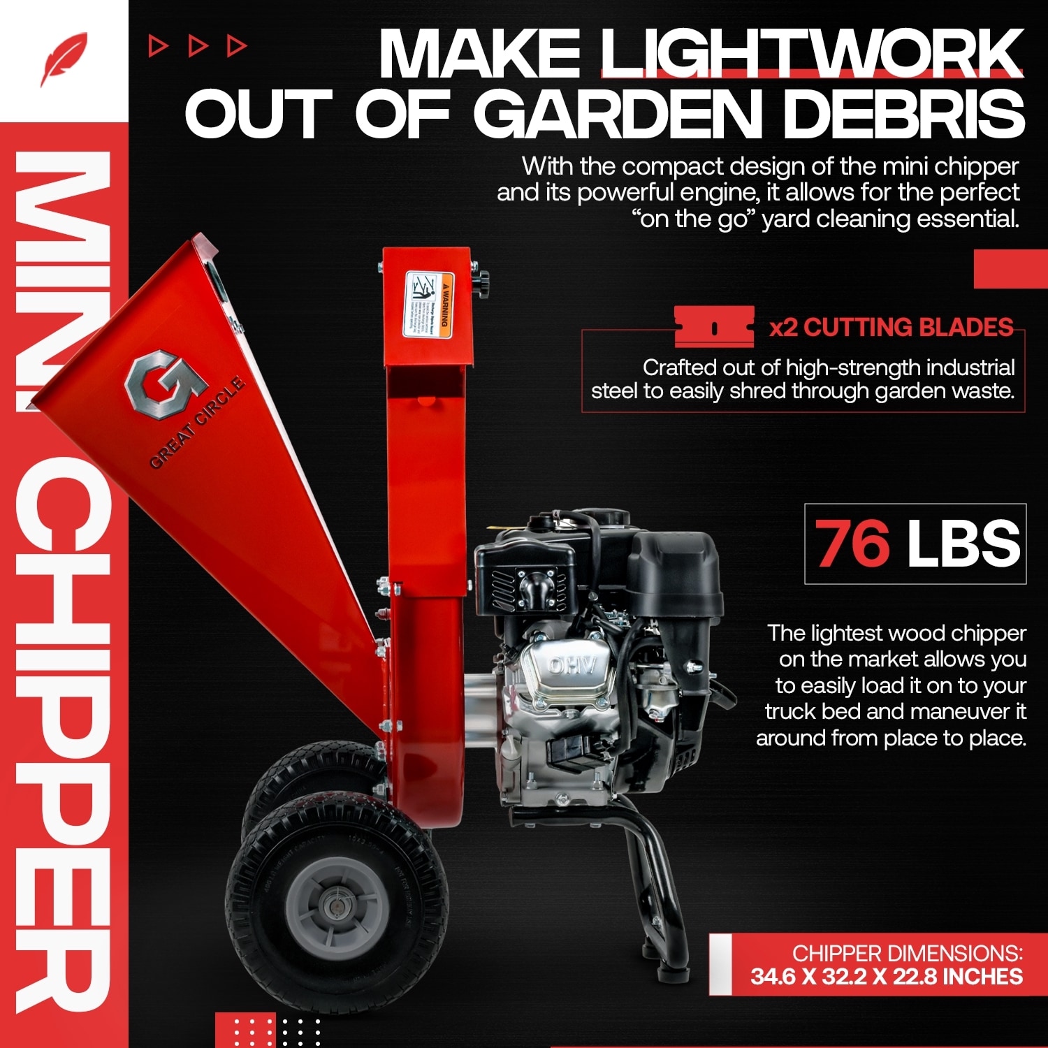 GreatCircleUSA Manual 7 -HP Gas Wood Chipper, 3-in Maximum Branch Diameter