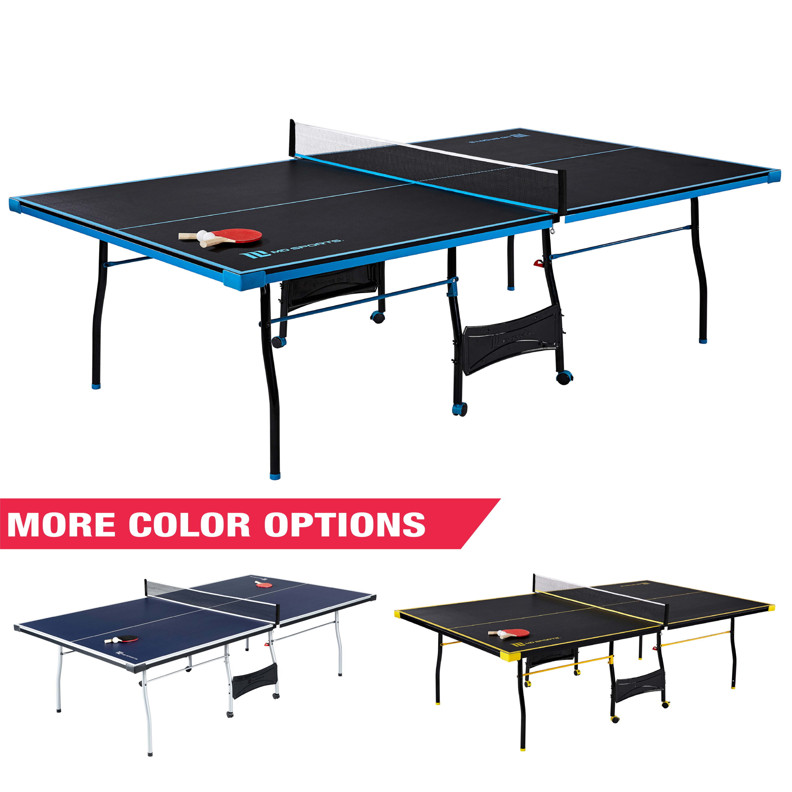 MD Sports Official Size Indoor Table Tennis Pong Table, 4 Piece Foldable Design with Net, Paddles & Balls – Blue/Black