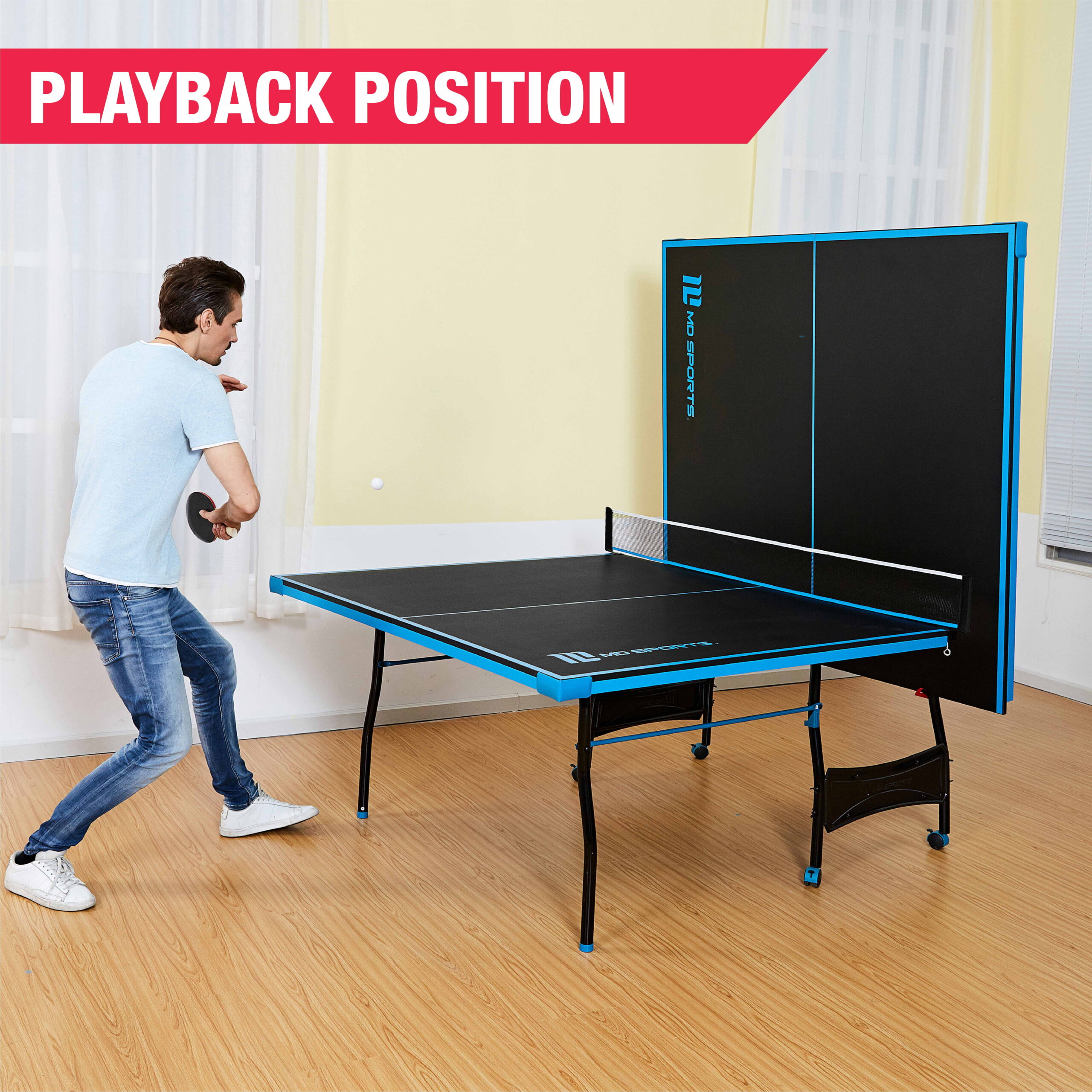 MD Sports Official Size Indoor Table Tennis Pong Table, 4 Piece Foldable Design with Net, Paddles & Balls – Blue/Black