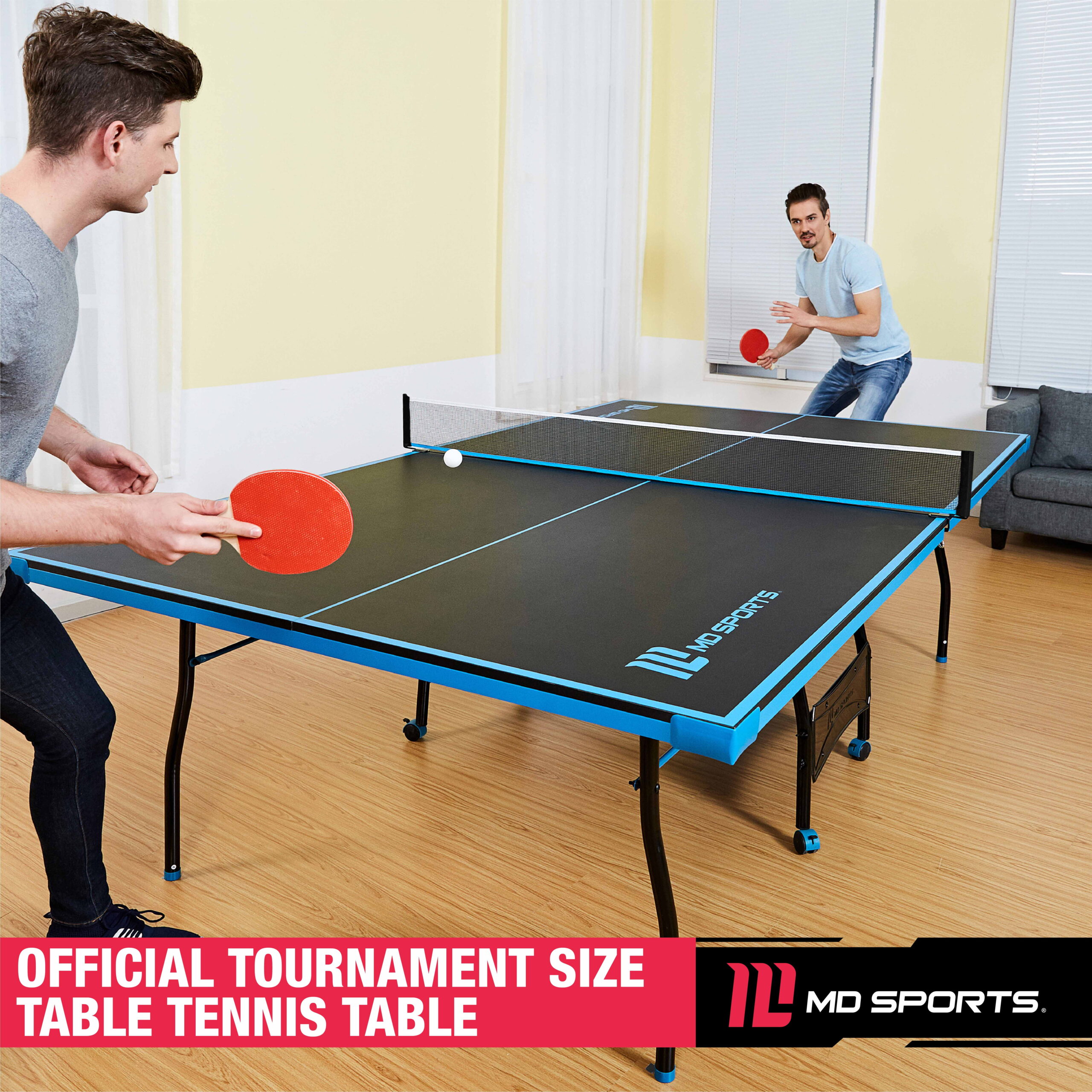 MD Sports Official Size Indoor Table Tennis Pong Table, 4 Piece Foldable Design with Net, Paddles & Balls – Blue/Black