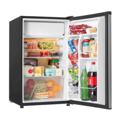 Galanz 4.3 Cu ft Single Door Mini Fridge, Stainless Steel Look, New, Width 19.12
