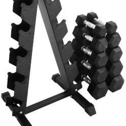 BalanceFrom 150LB Rubber Coated Hex Dumbbell Weight Set with A-Frame Rack, 5-25 lbs Pairs
