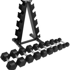 BalanceFrom 150LB Rubber Coated Hex Dumbbell Weight Set with A-Frame Rack, 5-25 lbs Pairs