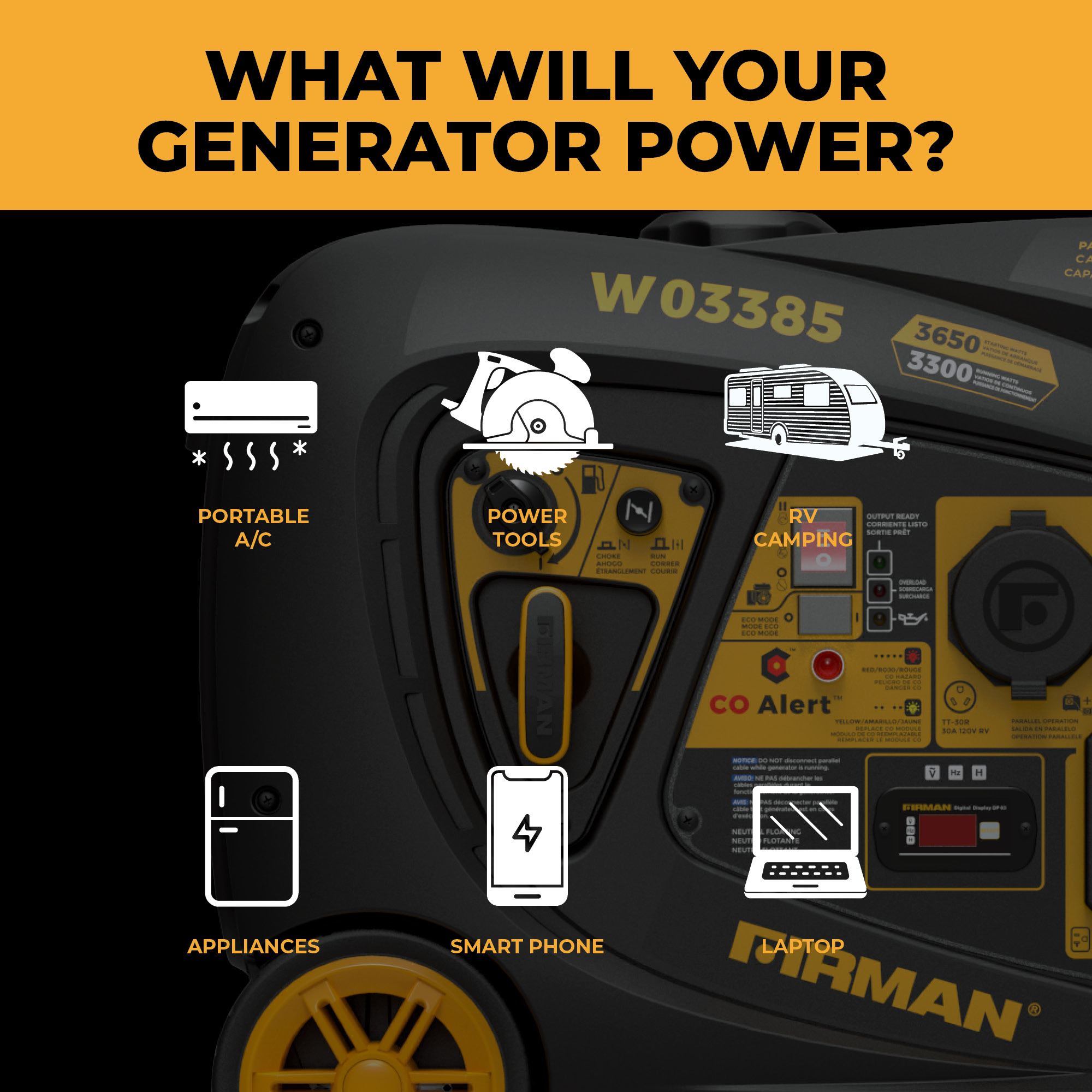 Firman W03385 Electric Start 120V RV Ready 3650 -Watt Single Fuel (Gasoline) Inverter Generator