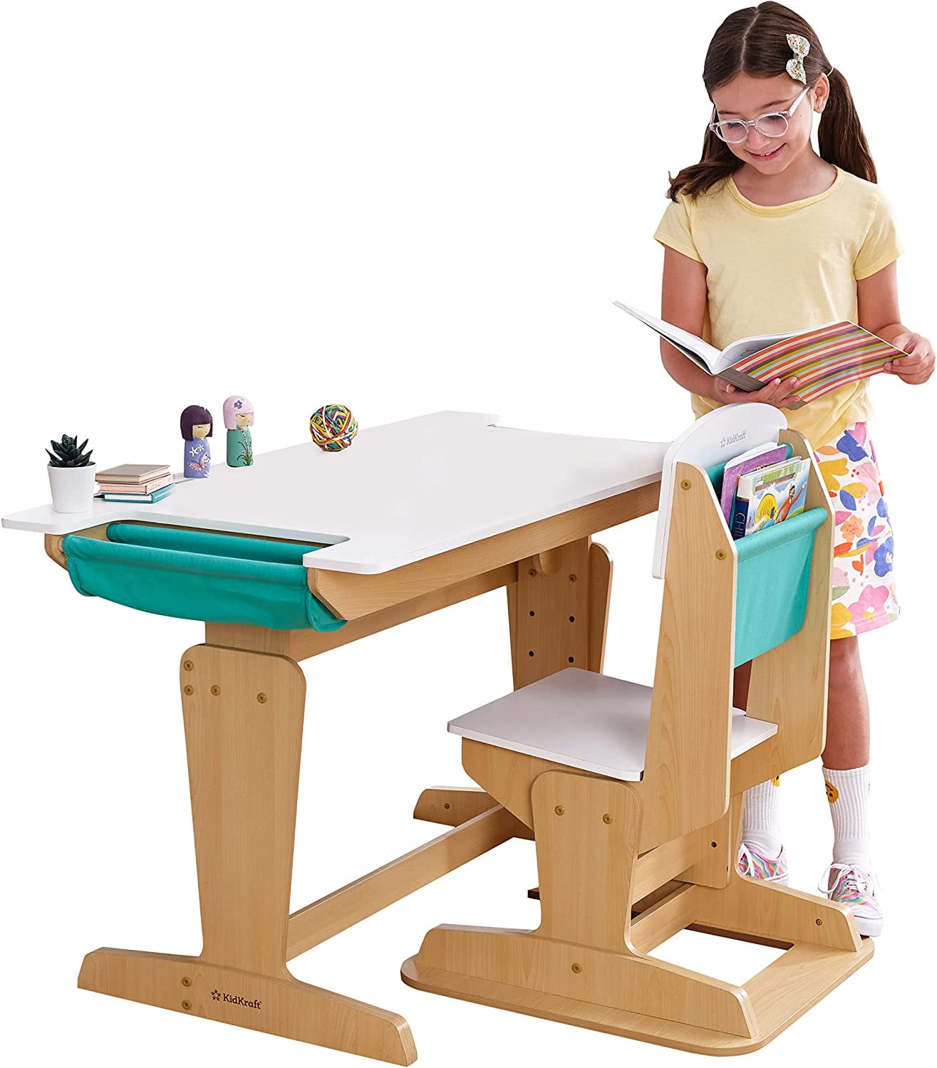 KidKraft Grow Together Pocket Adjustable Wooden Desk and Chair, Natural