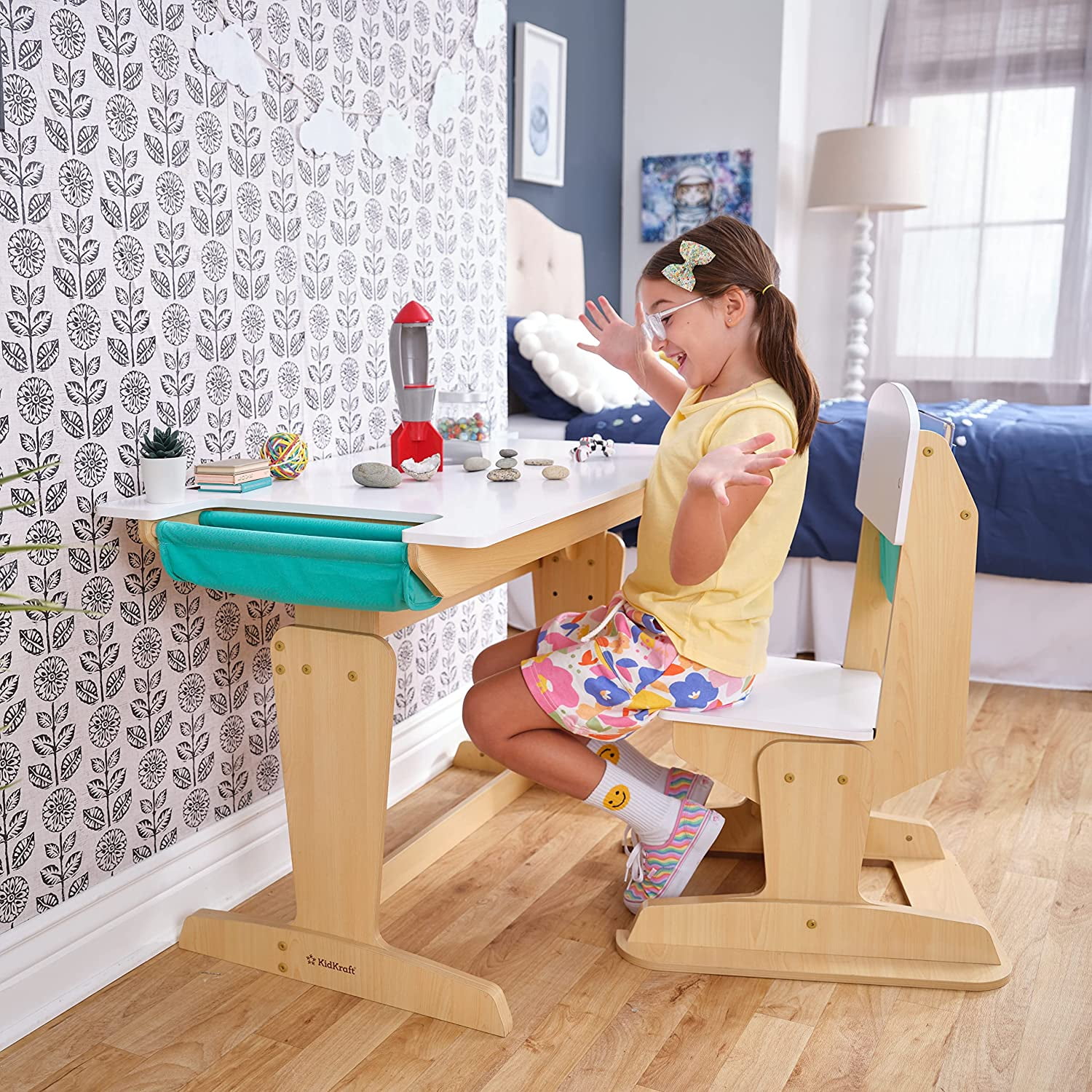 KidKraft Grow Together Pocket Adjustable Wooden Desk and Chair, Natural