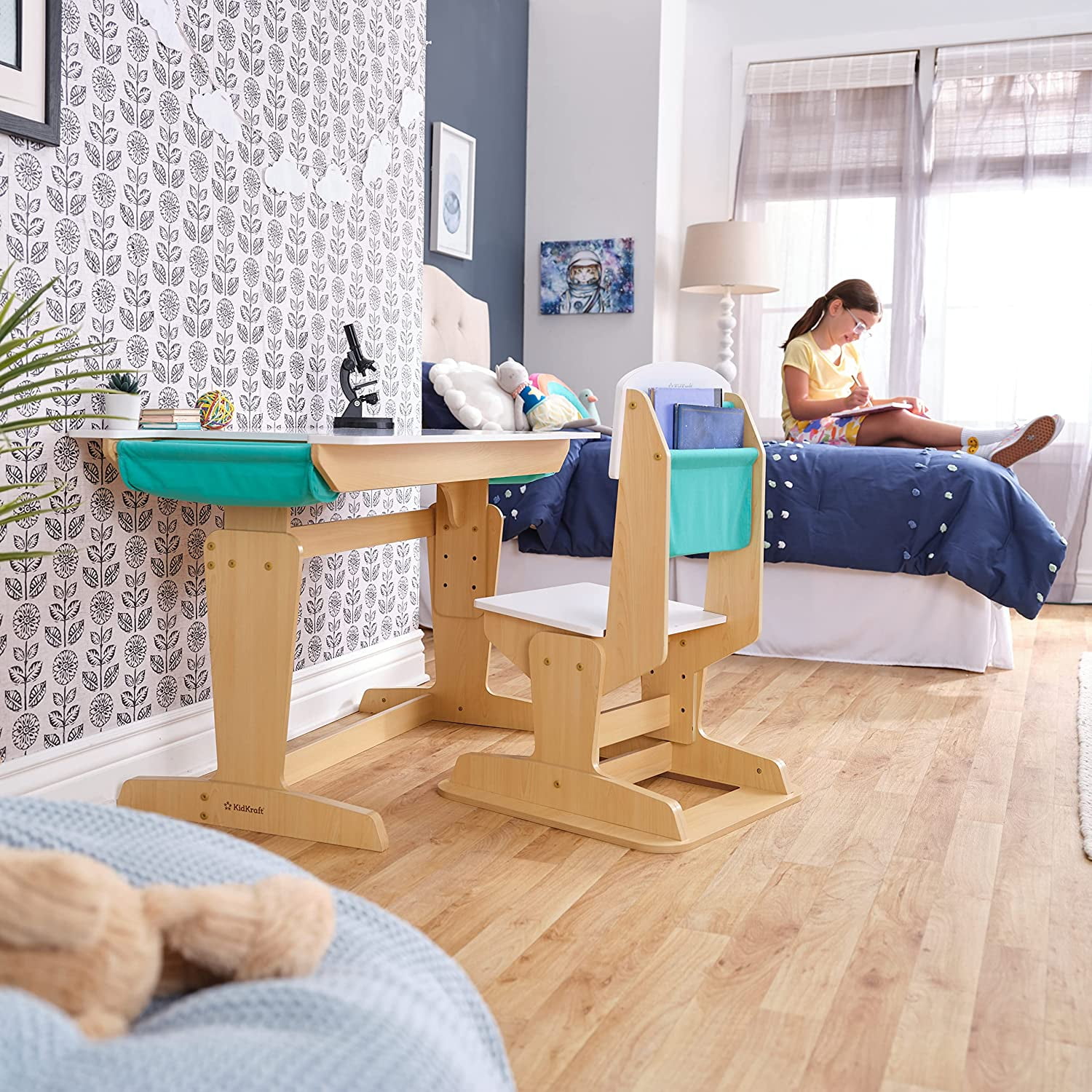 KidKraft Grow Together Pocket Adjustable Wooden Desk and Chair, Natural