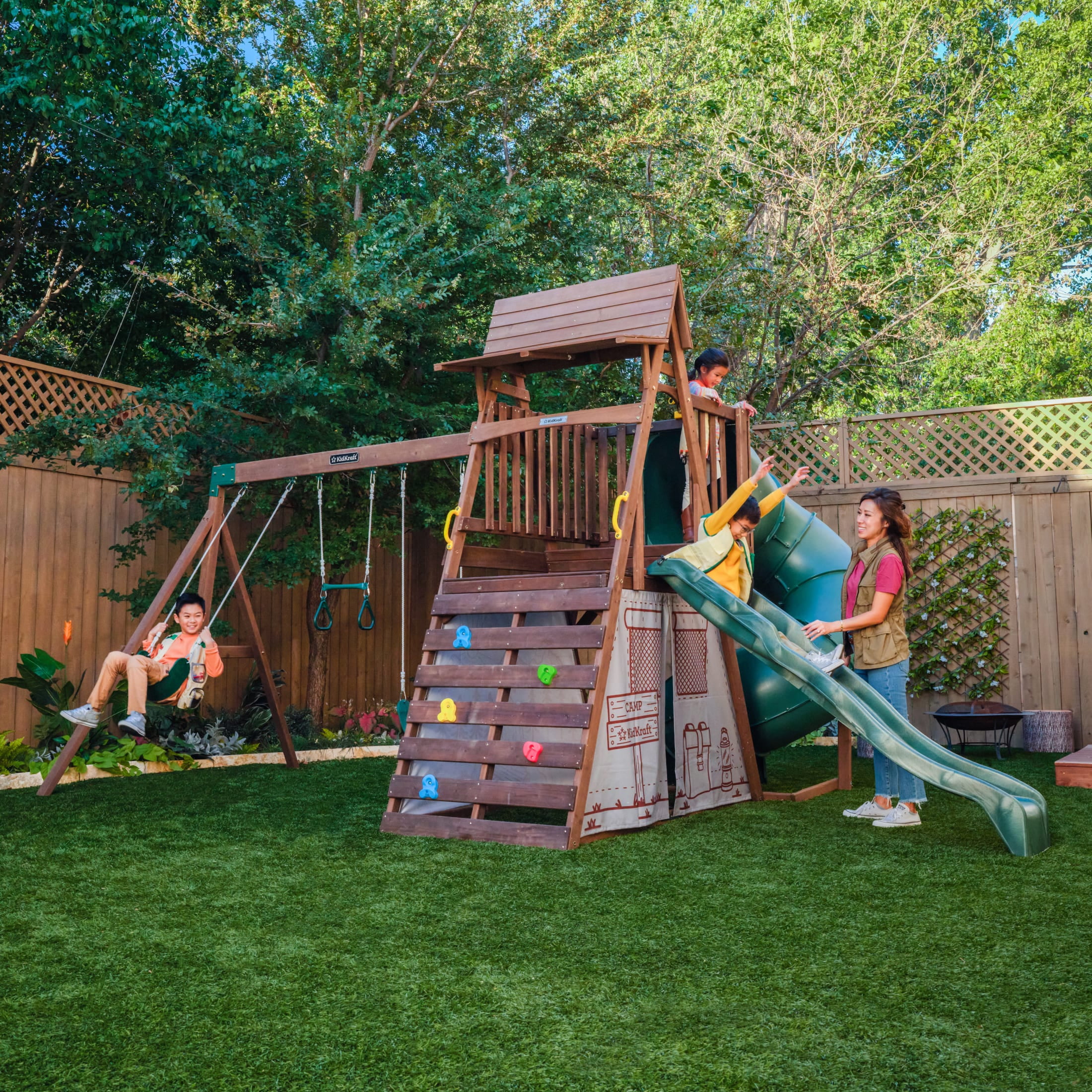 KidKraft Ranger Retreat Wooden Swing Set, Playset with Tent, Tube Slide and 3 Swings