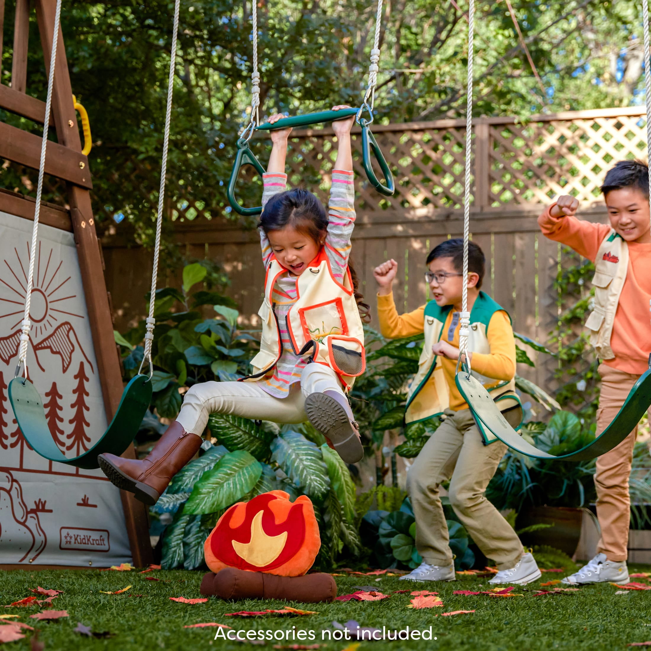 KidKraft Ranger Retreat Wooden Swing Set, Playset with Tent, Tube Slide and 3 Swings