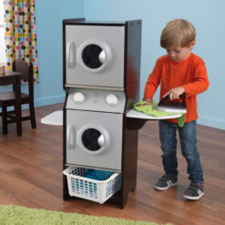 KidKraft Wooden Laundry Play Set, Stacking Washer and Dryer with Iron and Basket, Espresso