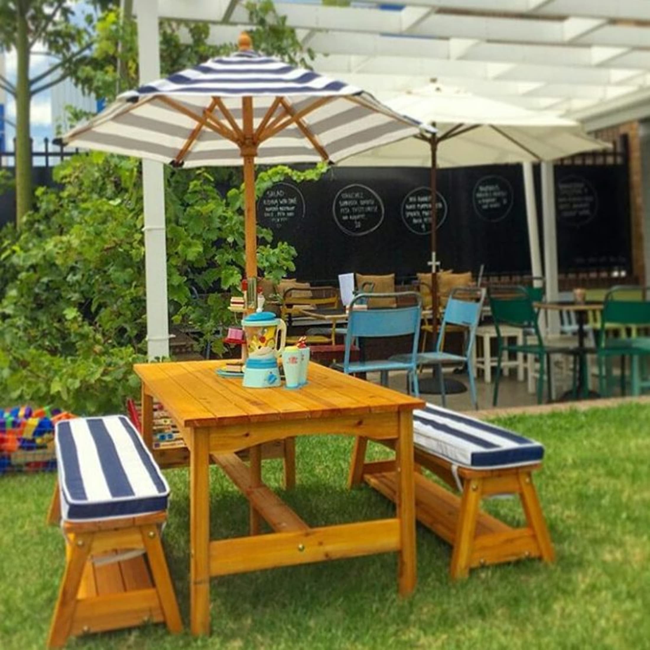 KidKraft Outdoor Wooden Table & Benches with Cushions & Umbrella, Navy
