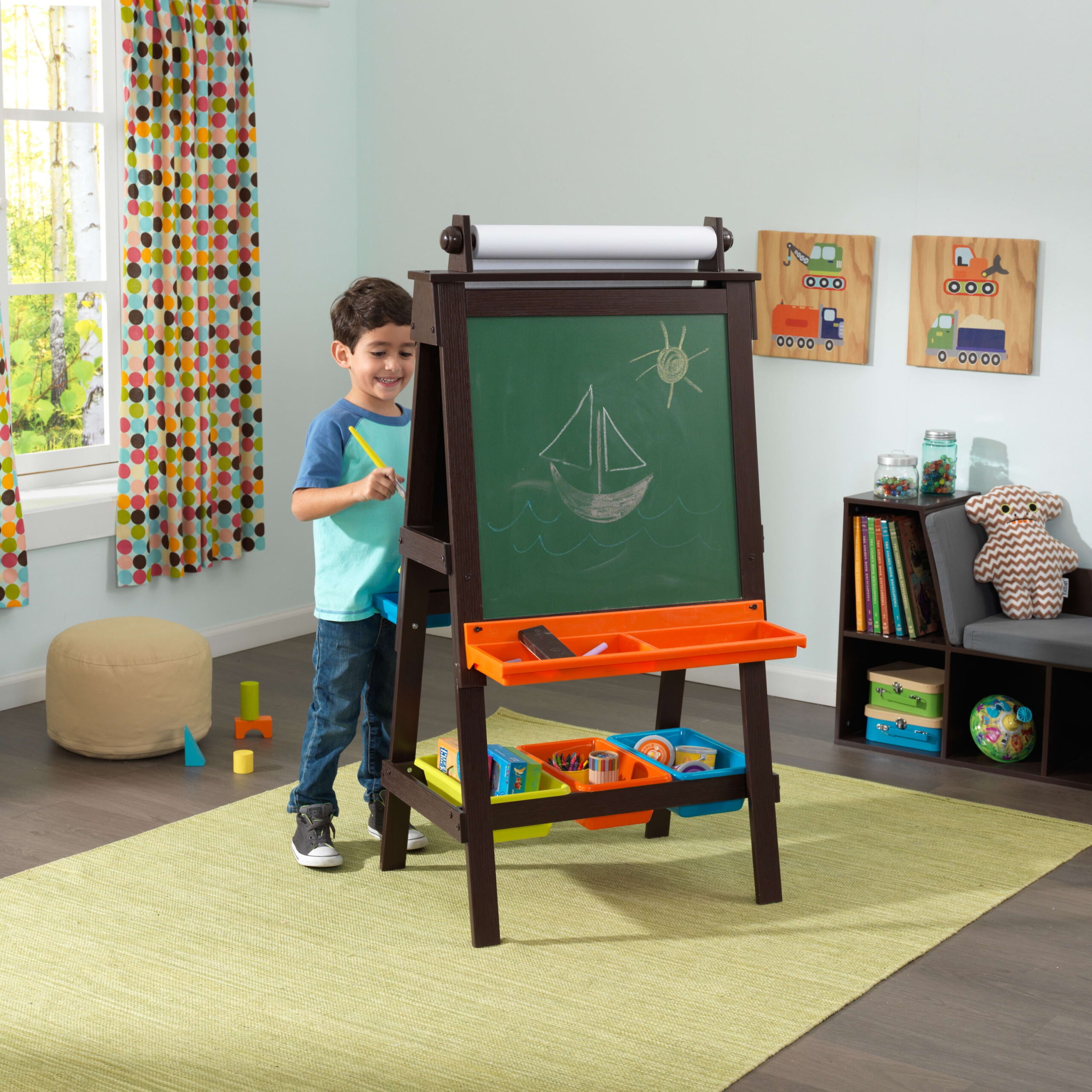 KidKraft Wooden Storage Easel with Dry Erase, Chalkboard Surfaces, Children's Art Furniture - Espresso