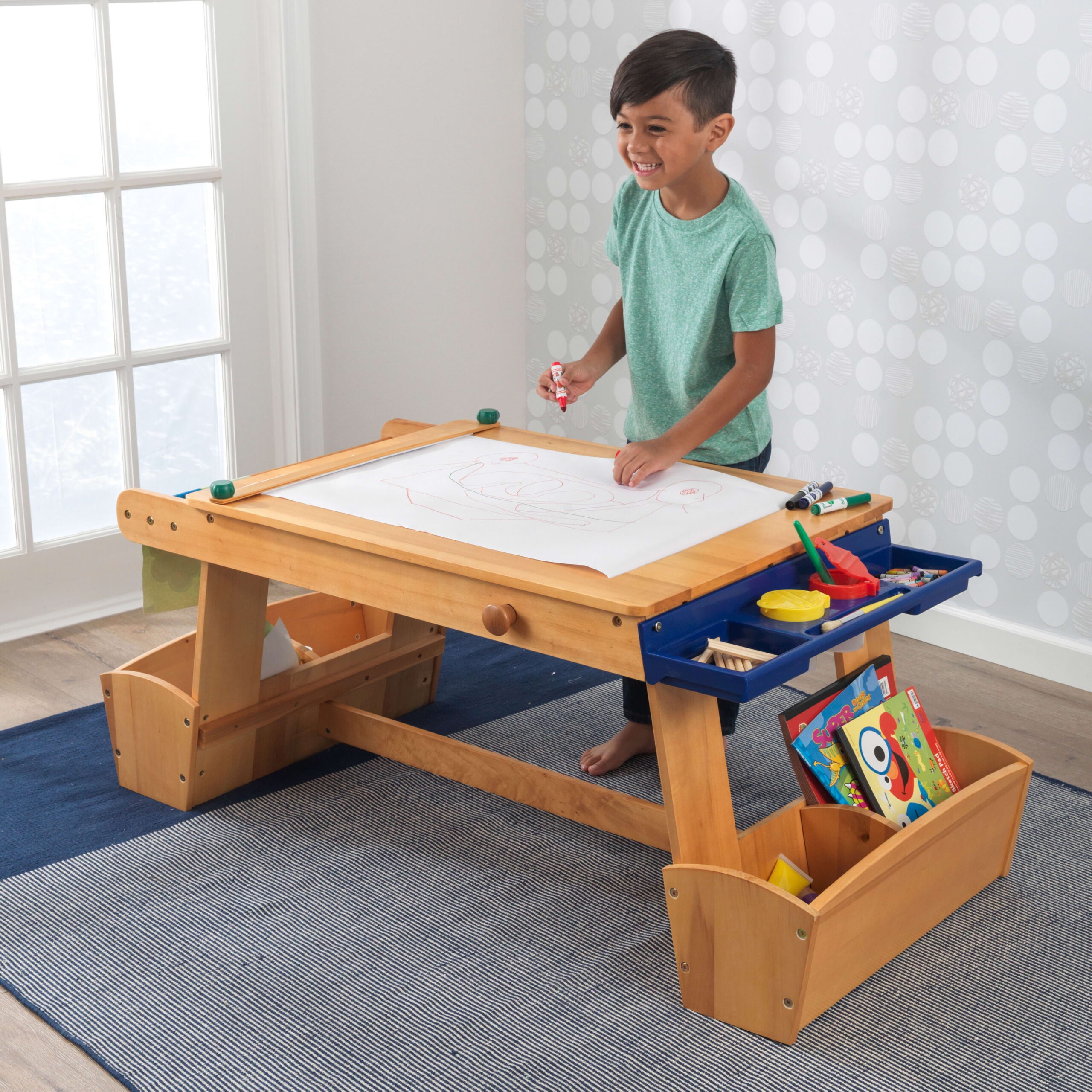 KidKraft Wooden Art Table with Drying Rack & Storage Bins, Natural
