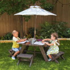KidKraft Wooden Octagon Table, Stools & Umbrella Set, Kids’ Outdoor Furniture, Brown Bear & Beige