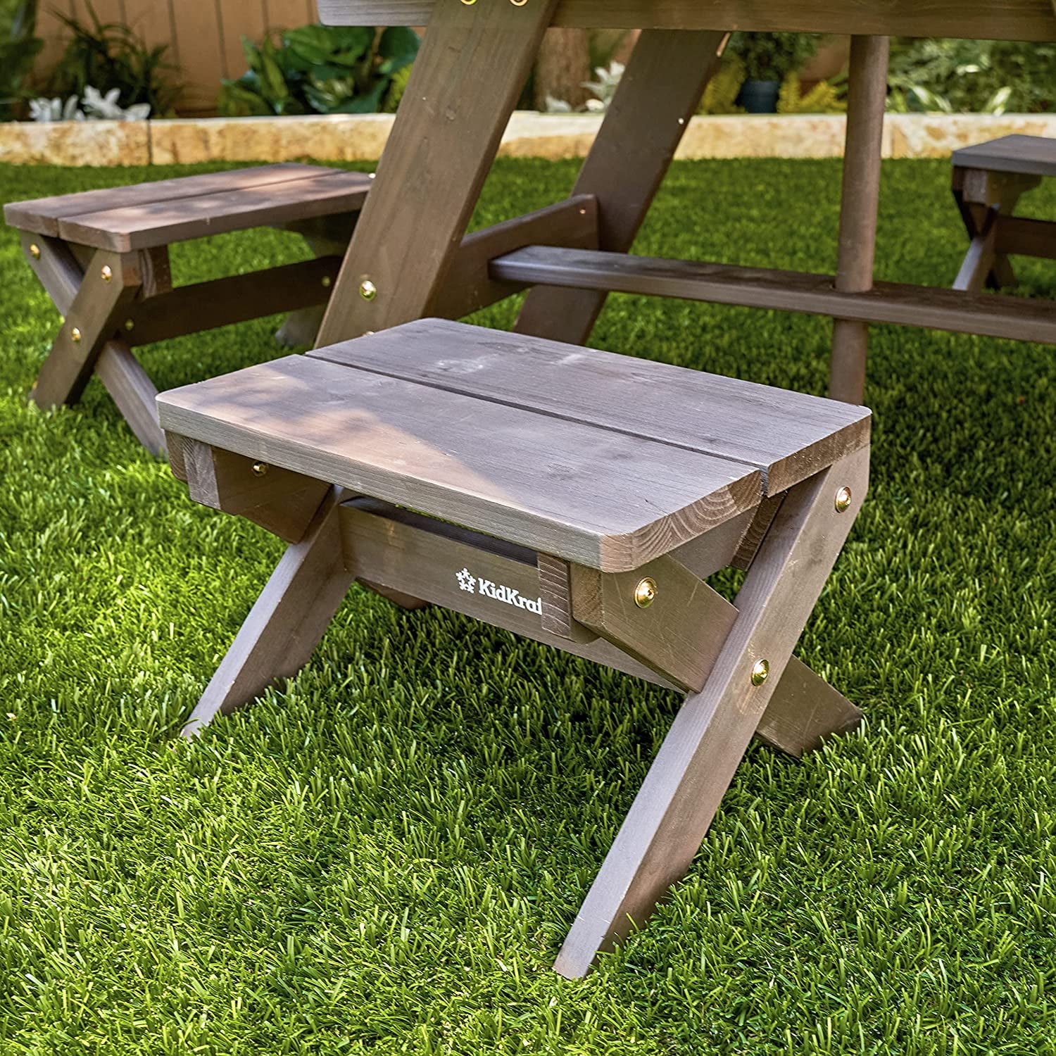 KidKraft Wooden Octagon Table, Stools & Umbrella Set, Kids’ Outdoor Furniture, Brown Bear & Beige