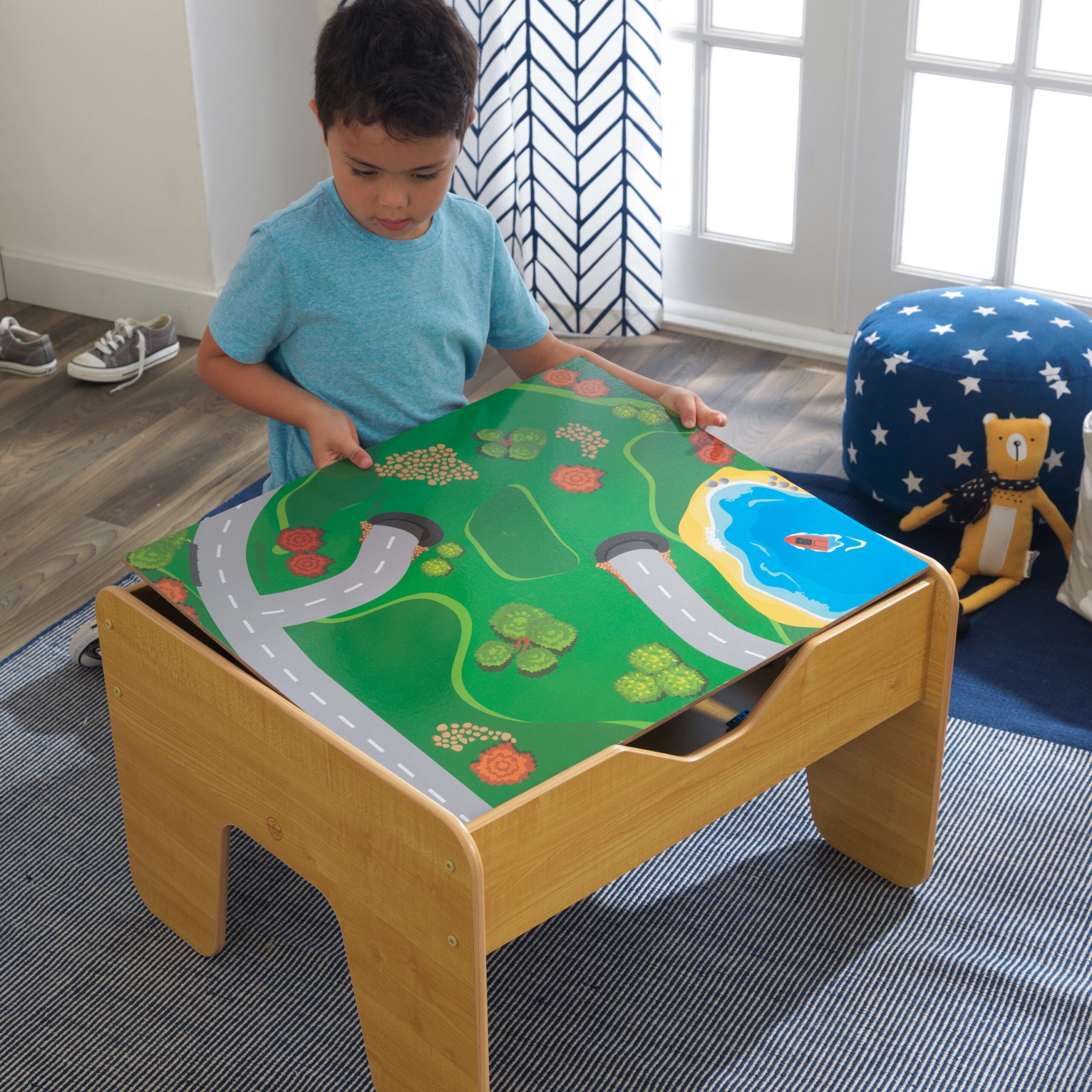 KidKraft Reversible Wooden Activity Table with Board and Train Set, Natural, for Ages 3+ Years