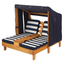 KidKraft Wooden Outdoor Double Chaise with Cup Holders, Kid's Furniture, Honey & Navy