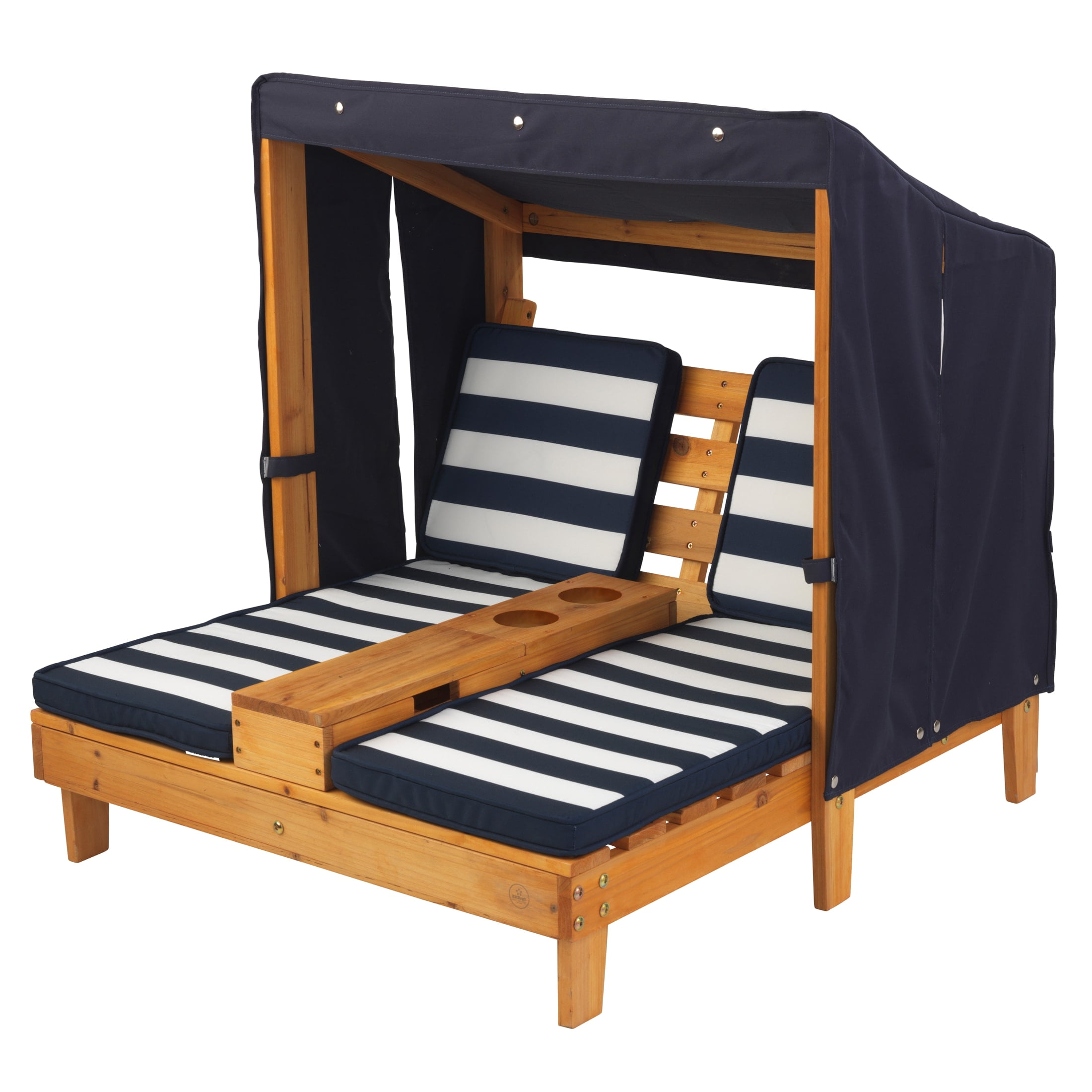 KidKraft Wooden Outdoor Double Chaise with Cup Holders, Kid's Furniture, Honey & Navy