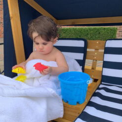 KidKraft Wooden Outdoor Double Chaise with Cup Holders, Kid's Furniture, Honey & Navy