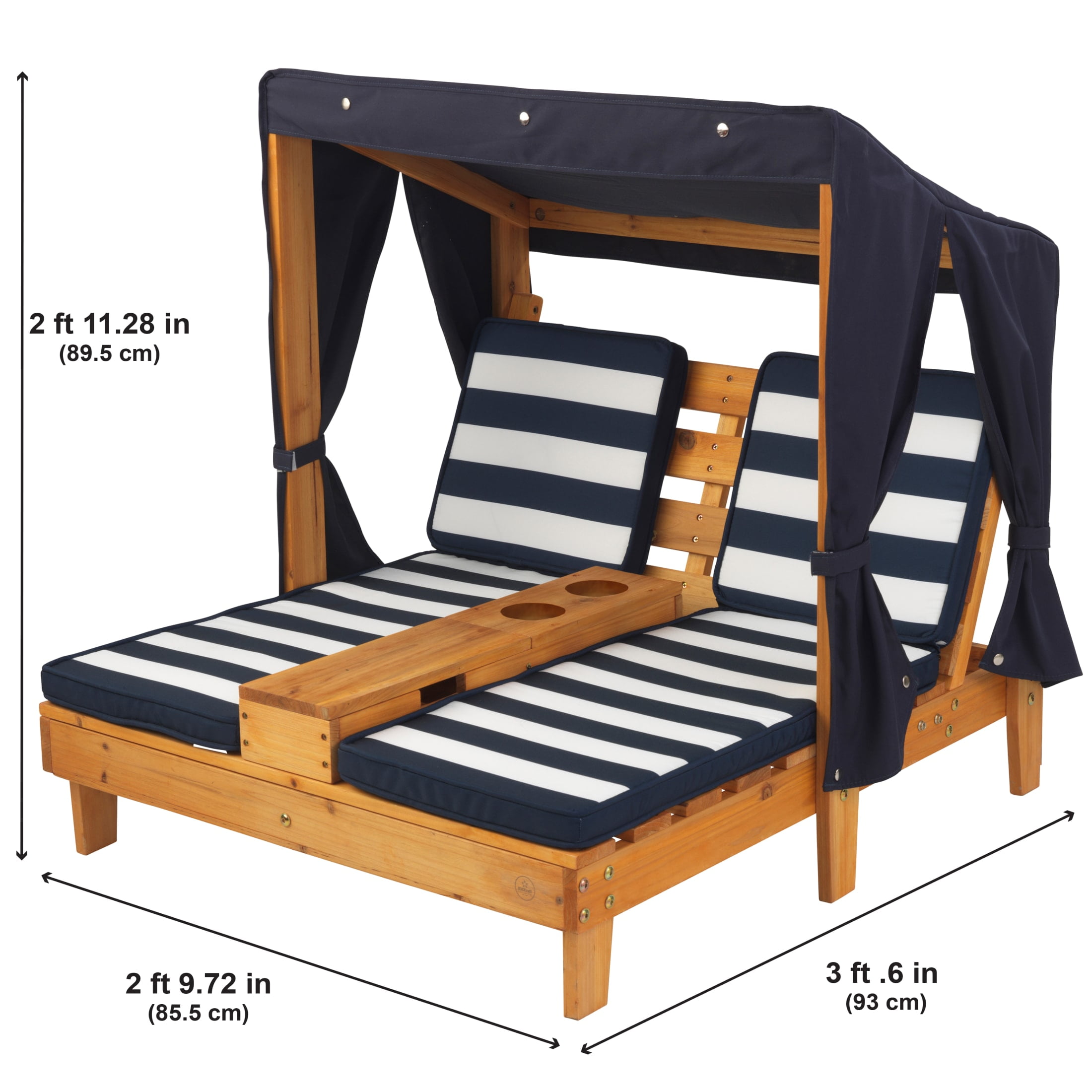 KidKraft Wooden Outdoor Double Chaise with Cup Holders, Kid's Furniture, Honey & Navy