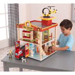 KidKraft Wooden Fire Station Set, 360 Degree Play, Working Garage Doors & Bendable Figures