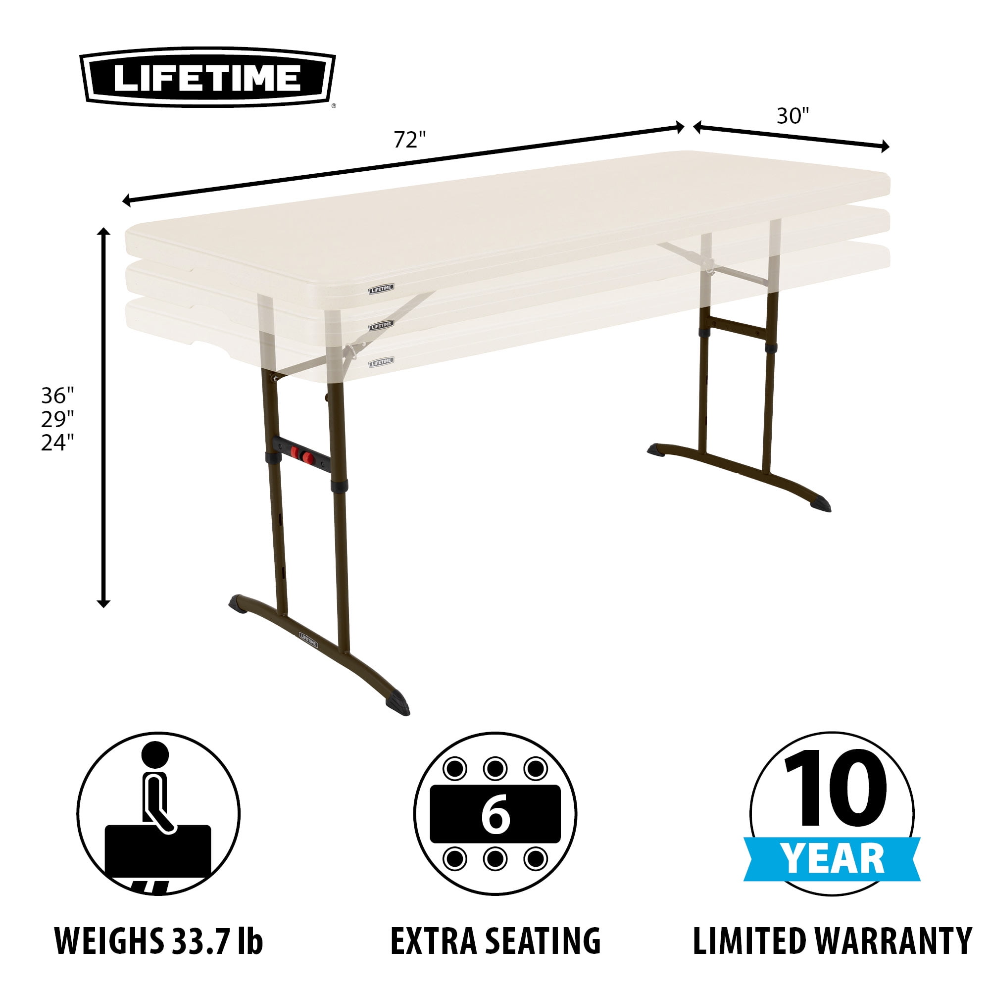 Lifetime Commercial Nesting 72 in Indoor/Outdoor Adjustable Height Folding Rectangle Table Almond 1 Piece 1 Count