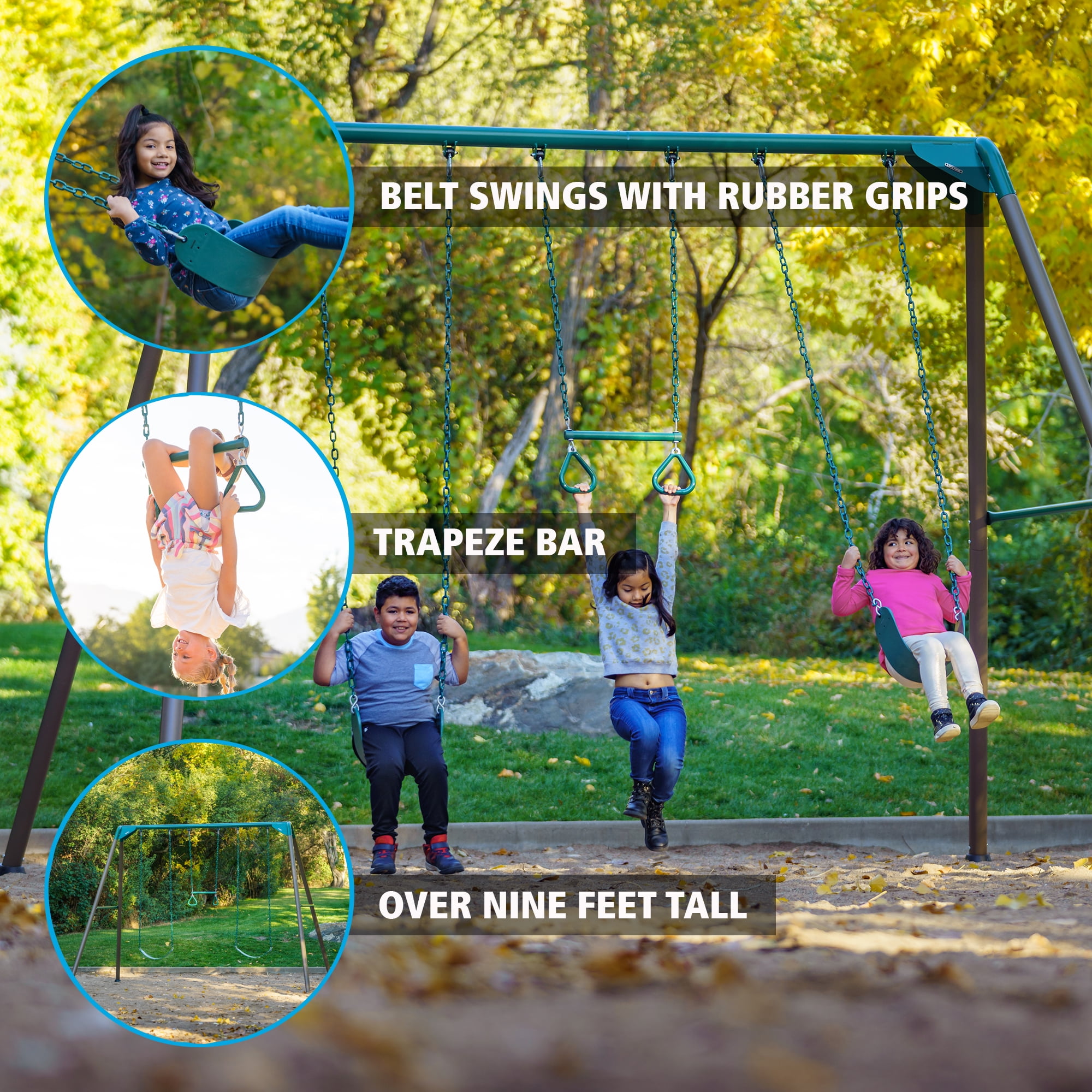 Lifetime Kid's Metal Swing Set with 2 Belt Swings and Trapeze Bar - 9 feet (91137)