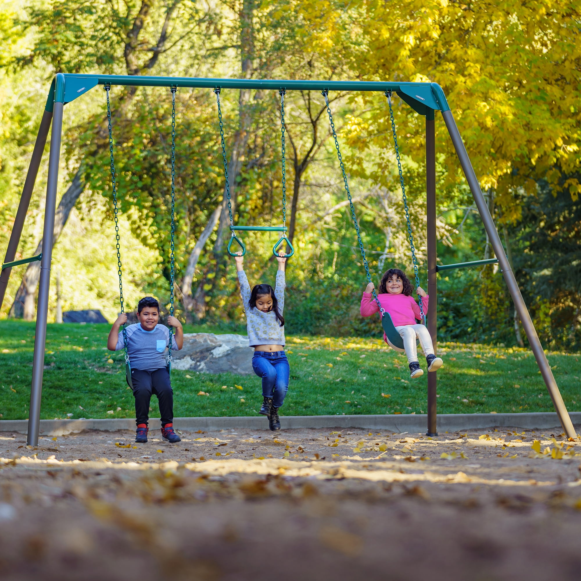 Lifetime Kid's Metal Swing Set with 2 Belt Swings and Trapeze Bar - 9 feet (91137)
