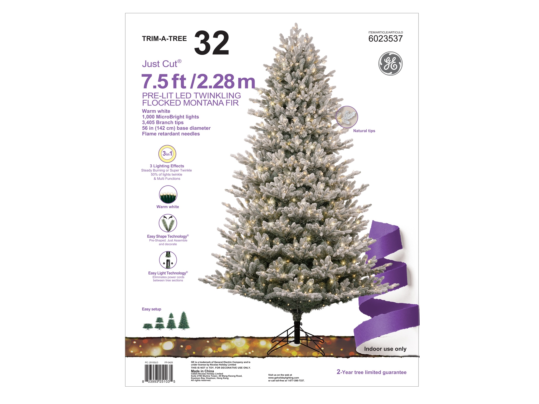 GE 7.5-ft Flocked Montana Fir Pre-lit Artificial Christmas Tree with White LED Lights