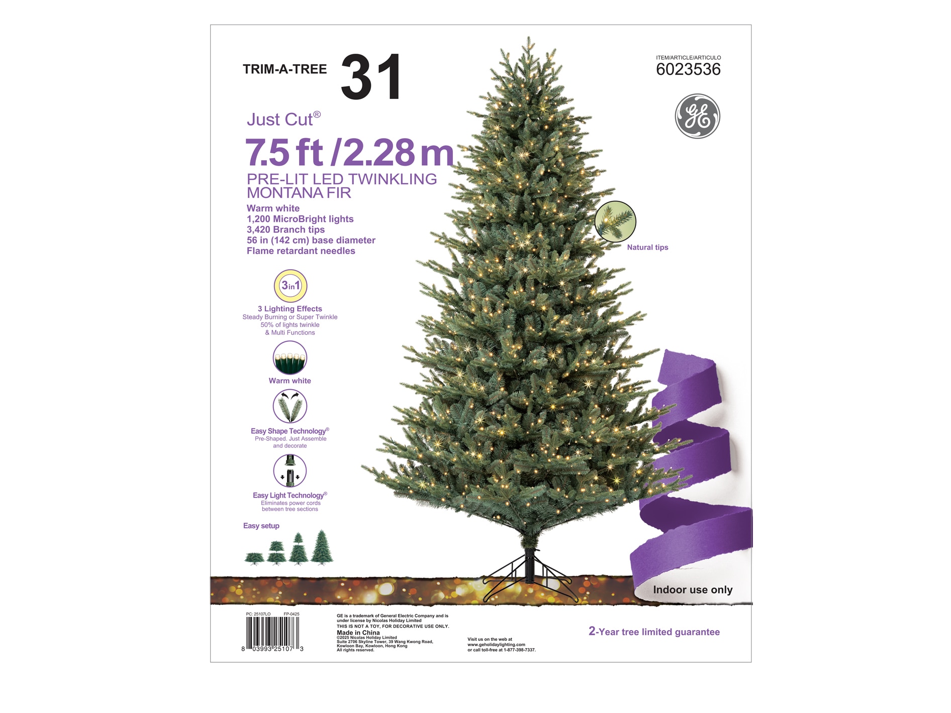 GE 7.5-ft Montana Fir Pre-lit Artificial Christmas Tree with White LED Lights
